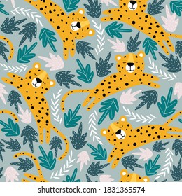 Leopards, leaves, hand drawn backdrop. Colorful seamless pattern with animals. Decorative cute wallpaper, good for printing. Overlapping background vector. Design illustration