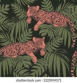 Leopardos en las ramas de un árbol. Patrón sin foco de hojas tropicales y leopardos. Una ilustración moderna y luminosa de colores de moda.