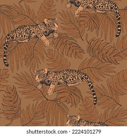 Leopardos en las ramas de un árbol. Patrón sin foco de hojas tropicales y leopardos. Una ilustración moderna y luminosa de colores de moda.