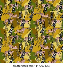 Leopards on a protective background. Khaki with monochrome colors. Autumn print on t-shirt
