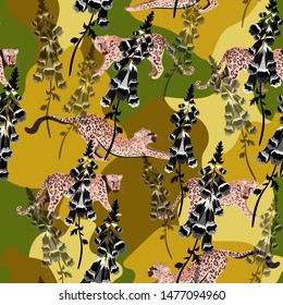 Leopards on a protective background. Khaki with monochrome colors. Autumn print on t-shirt