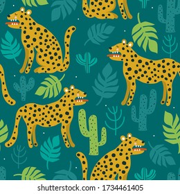 Leopards, palm leaves, cactuses, hand drawn backdrop. Colorful seamless pattern with animals. Decorative cute wallpaper, good for printing. Overlapping background vector. Design illustration