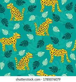 Leopards, palm leaves, hand drawn backdrop. Colorful seamless pattern with animals. Decorative cute wallpaper, good for printing. Overlapping background vector. Design illustration