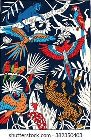 Leopards and Parrots in the Jungle coloring page