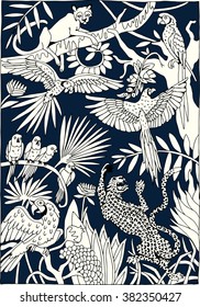 Leopards and Parrots in the Jungle coloring page