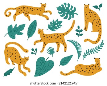 Leopards and plants. Wild animals. Jungle feline predators with tropical leaves. Cute doodle spotted cheetahs in different poses. Savannah carnivore mammals. Vector furry