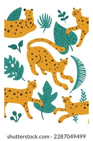 Leoparden und Pflanzen. Wilde Tiere. Jungle feline Raubfische. Palmblätter. Tropische Fauna. Doodle entdeckte Geparde in verschiedenen Posen. Savannah Fleischfresser Vektorgrafik