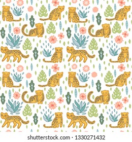 Leopards seamless pattern surrounded by exotic plants.