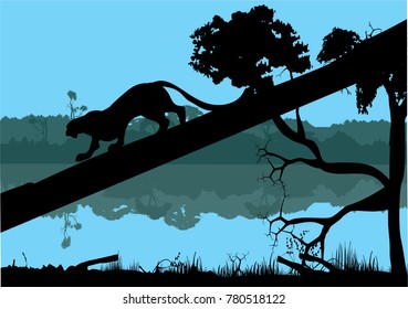 Leopards silhouette on tree trunk, river and forest on background, wildlife vector scene