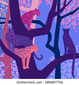 Leopards sit on tree branches. Vector wildlife illustration. Wild animal background in trendy flat cartoon design. Square canvas. Template for scarf, shawl, kerchief, card, poster.