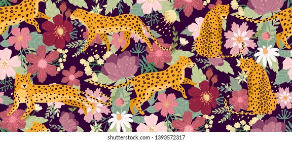 Leopards surrounded by beautiful flowers. Elegant summer vector seamless pattern texture in trendy style.Can be used for fabric,wrapping,wallpapers,web page backgrounds,surface textures,textile.