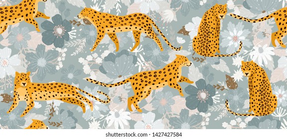 Leopards surrounded by beautiful flowers. Elegant summer vector seamless pattern texture in trendy style.Can be used for fabric,wrapping,wallpapers,web page backgrounds,surface textures,textile.