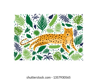 Leopards surrounded by tropical palm leaves. Elegant summer vector in trendy style. Background with a square frame. Can be used poster, greeting card, gift, banner, textile, T-shirt, mug.