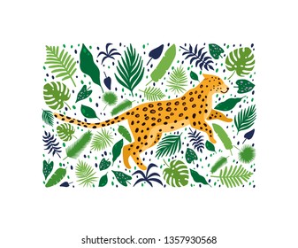 Leopards surrounded by tropical palm leaves. Elegant summer vector in trendy style. Background with a square frame. Can be used poster, greeting card, gift, banner, textile, T-shirt, mug.