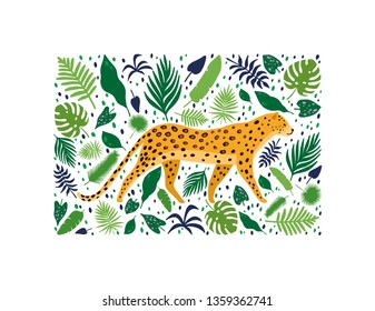 Leopards surrounded by tropical palm leaves. Elegant summer vector in trendy style. Background with a square frame. Can be used poster, greeting card, gift, banner, textile, T-shirt, mug.