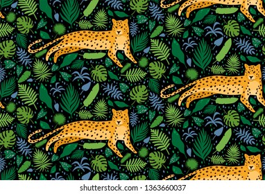 Leopards surrounded by tropical palm leaves. Elegant summer vector seamless pattern texture in trendy style.Can be used for fabric,wrapping,wallpapers,web page backgrounds,surface textures,textile.