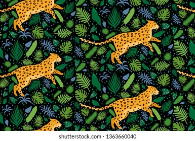 Leopards surrounded by tropical palm leaves. Elegant summer vector seamless pattern texture in trendy style.Can be used for fabric,wrapping,wallpapers,web page backgrounds,surface textures,textile.