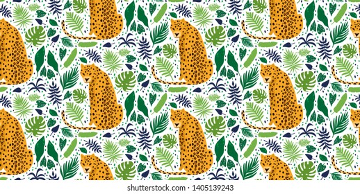 Leopards surrounded by tropical palm leaves. Elegant summer vector seamless pattern texture isolated on white.Can be used for fabric,wrapping,wallpapers,web page backgrounds,surface textures,textile.