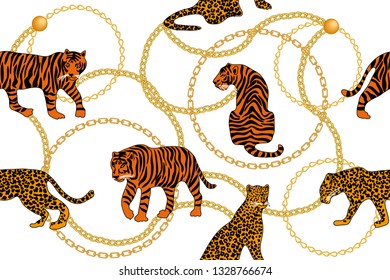 Leopards, tiger and golden chains. Seamless vector pattern with animals and jewel elements. Safari textile collection. On white backgound.