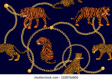 Leopards, tiger and golden chains. Seamless vector pattern with animals and jewel elements. Safari textile collection. On black backgound.