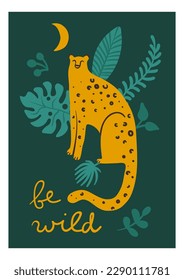 Leoparden und Tiger-Karten. Wildes Tier. Jungle feline Raubtier. Palmengrüne Blätter. Tropische Fauna. Doodle entdeckte den Geparden. Savannah Fleischfresser, exotisches Säugetier. Vektorgrafik