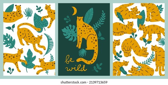 Leopards and tigers cards. Cute animals, primitive doodle style, exotic wildlife, tropical plants, trendy jaguars and cheetahs. Wild cats patterns and posters vector set