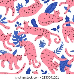 Leopards, tigers and plants seamless pattern. African wildlife and exotic predators. Tropical jungle leaves. Color doodle style print with animals and botanical elements