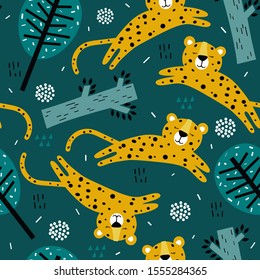 Leopards, trees, hand drawn backdrop. Colorful seamless pattern with animals. Decorative cute wallpaper, good for printing. Overlapping background vector. Design illustration