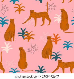 Leopards tropical bohemian seamless pattern in vector. Textile design with wild jungle animal and floral elements. 