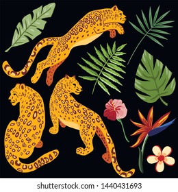 Leopards, tropical flowers and leafs vector clipart set.Hand drawn 10 elements that can be used separately or combined.