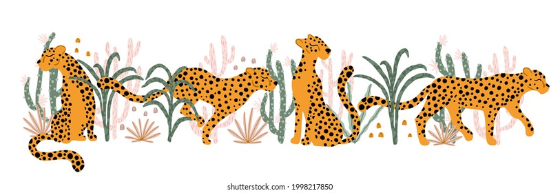 Leopards in the Tropical Jungle. Vector illustration composition of animal, plants, cacti, succulents in simple cartoon hand-drawn style. Pastel earthy palette. Isolate on a white background