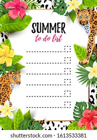 Leopards with tropical leaves and flowers. To do list. Place for text. Vector illustration for flyer, birthday, tropical party, banner, poster.