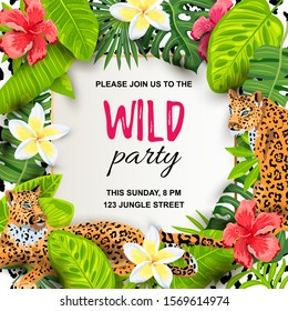 Leopards with tropical leaves, flowers, wild party invitation. Place for text. Vector illustration for flyer, birthday, tropical party, banner, poster.