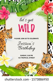 Leopards with tropical leaves, flowers, wild party invitation. Place for text. Vector illustration for flyer, birthday, tropical party, banner, poster.