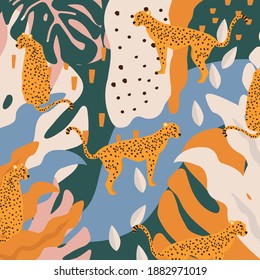 Leopards and tropical leaves poster background vector illustration. Trendy wildlife pattern
