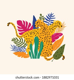 Leopards and tropical leaves poster background vector illustration. Trendy wildlife pattern