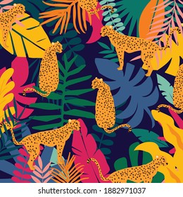 Leopards and tropical leaves poster background vector illustration. Trendy wildlife pattern