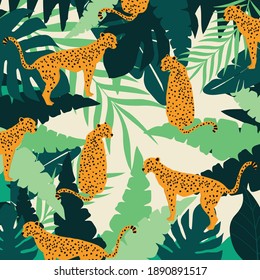 Leopards and tropical leaves poster background vector illustration. Trendy wildlife pattern	
