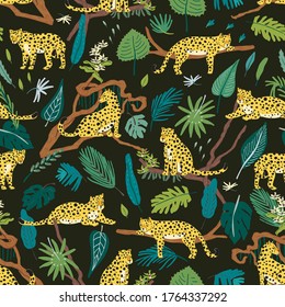 Leopards wild animals in jungle forest vector hand drawn seamless pattern