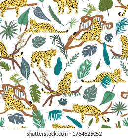 Leopards wild animals in jungle forest vector hand drawn seamless pattern