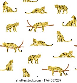 Leopards wild animals vector hand drawn seamless pattern