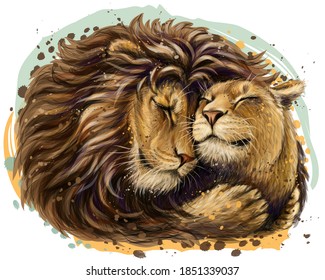 Leos. Un león abraza a una leona. Color, retrato digital de los leones enamorados en el estilo acuarela sobre un fondo blanco. Gráficos vectoriales digitales. Capa separada