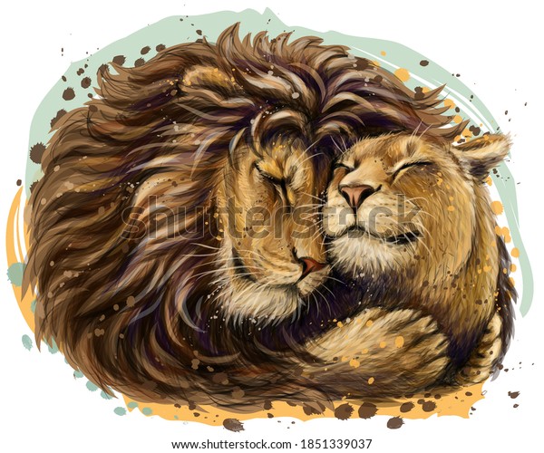 Leos. A lion embraces a lioness. Color, digital portrait of lions in love in watercolor style on a white background. Digital vector graphics. Separate layer.
