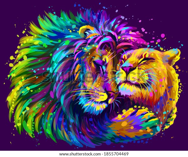 Leos. A lion embraces a lioness. Color,\
digital portrait of lions in the style of pop art on a purple\
background. Digital vector graphics. Separate\
layer