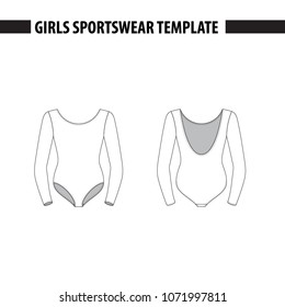 Girls’ leotard with long sleeves. Vector template, mockup for sample demonstration. Kids leotard, sport suit for gymnastics, acrobatics, dance. Vector illustration in outlines.