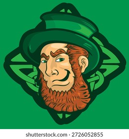 Um leperchaun com um padrão celta sobre um fundo verde