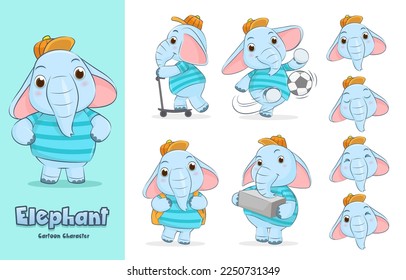 The lephant cartoon character. Elephant in various action poses vector funny mascot for use in artwork advertising or web page