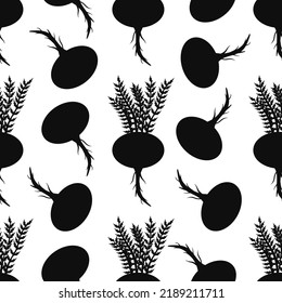 Lepidium meyenii. Maca. Root. Seamless pattern. Black silhouette. Vector illustration.