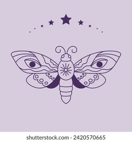 Lepidoptera with wings adorned with eyes. Mystical connection between earthly creatures and celestial wonders. Mysterious flying butterfly with sun and stars in line art. Vector in flat style