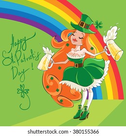leprecaun girl on rainbow background with beer